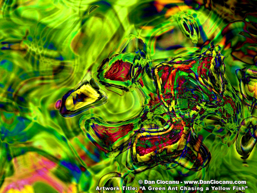 A Green Ant Chasing A Yellow Fish - original art by Dan Ciocanu A Green Ant Chasing A Yellow Fish - original art by Dan Ciocanu